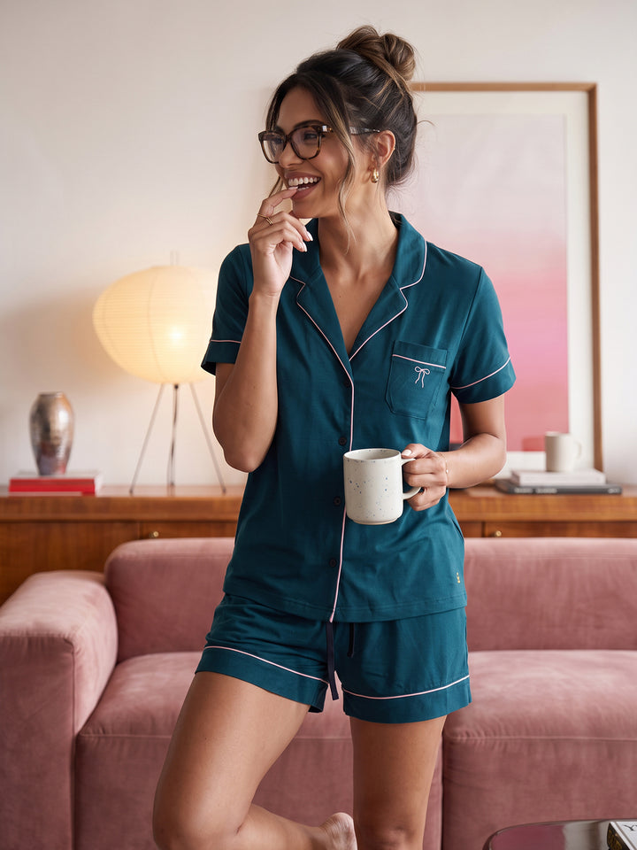 Pyjama Set Shorty - Kate Bow mit Kragen Knopfleiste und Schleifen Stickerei