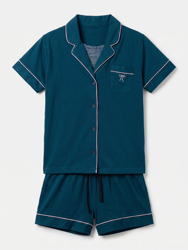 Pyjama Set Shorty - Kate Bow mit Kragen Knopfleiste und Schleifen Stickerei