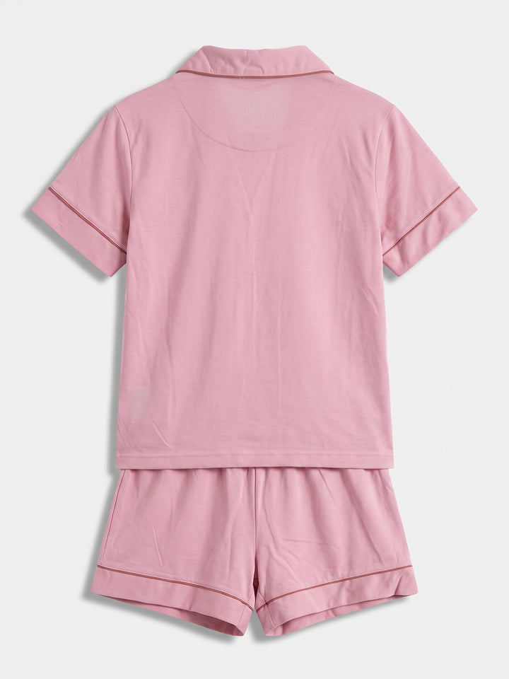 Pyjama Set Shorty - Kate Bow mit Kragen Knopfleiste und Schleifen Stickerei