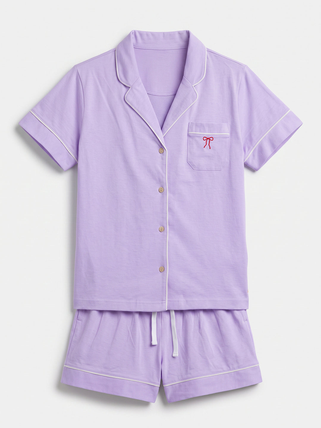 Pyjama Set Shorty - Kate Bow mit Kragen Knopfleiste und Schleifen Stickerei