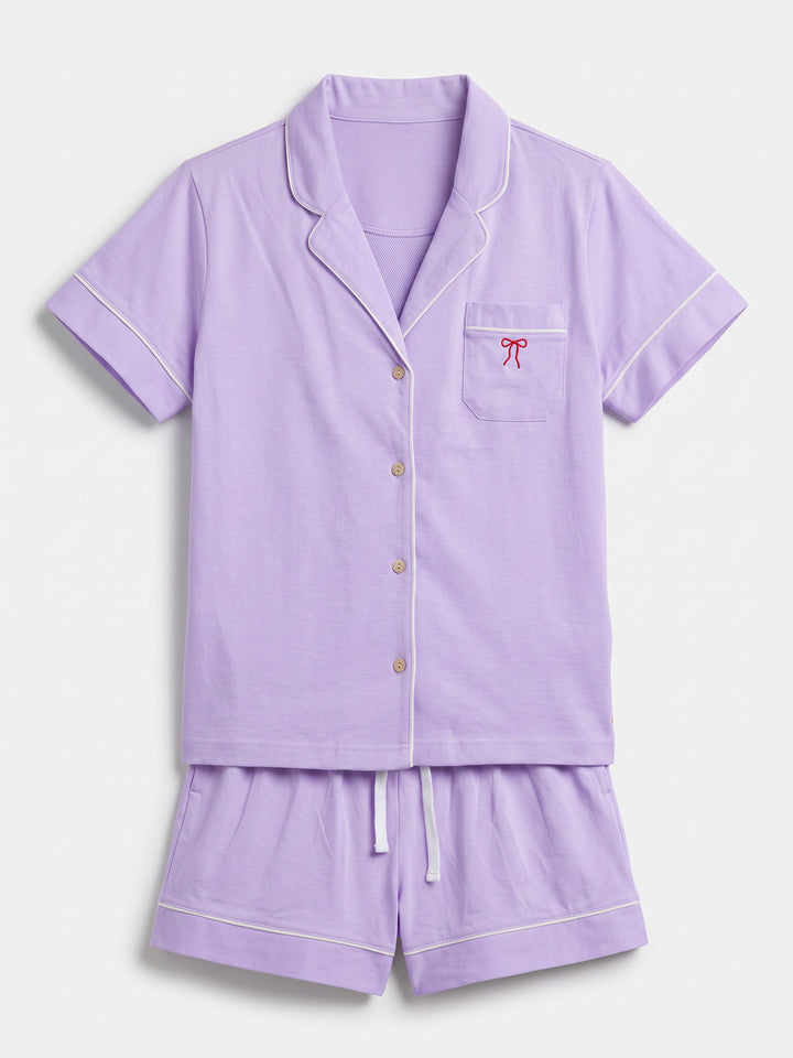 Pyjama Set Shorty - Kate Bow mit Kragen Knopfleiste und Schleifen Stickerei