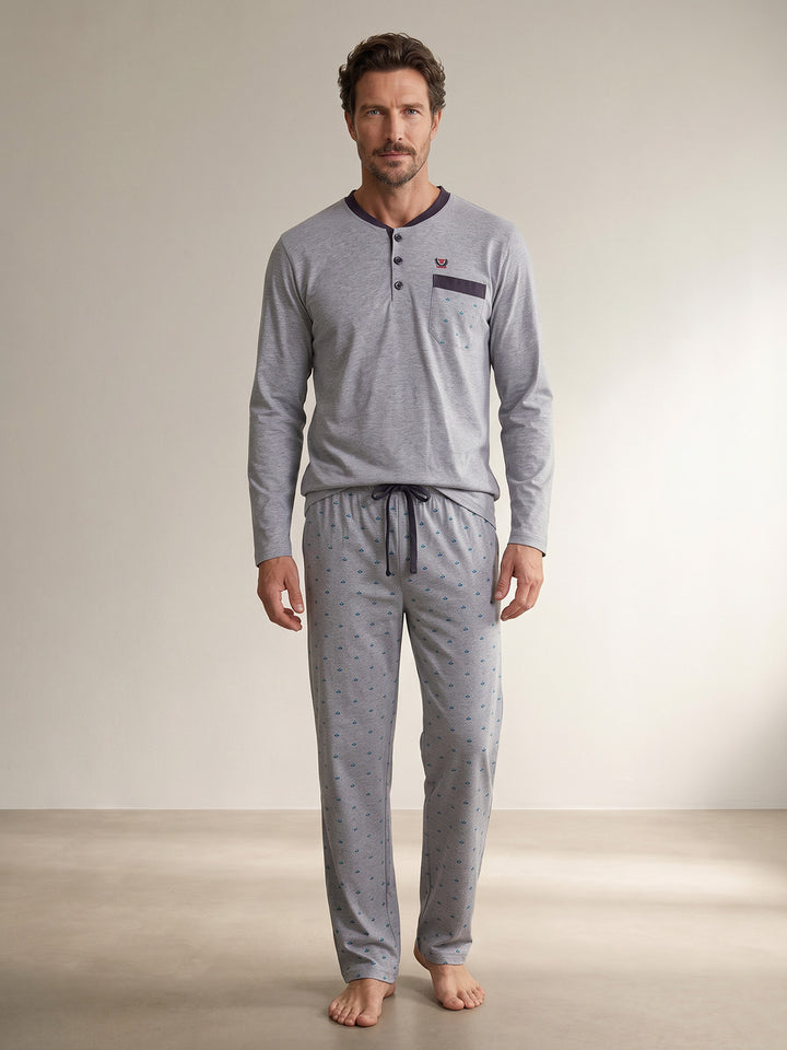 Pyjama Set Langarm - Bruno Stehkragen Uni Tupfen-Hose