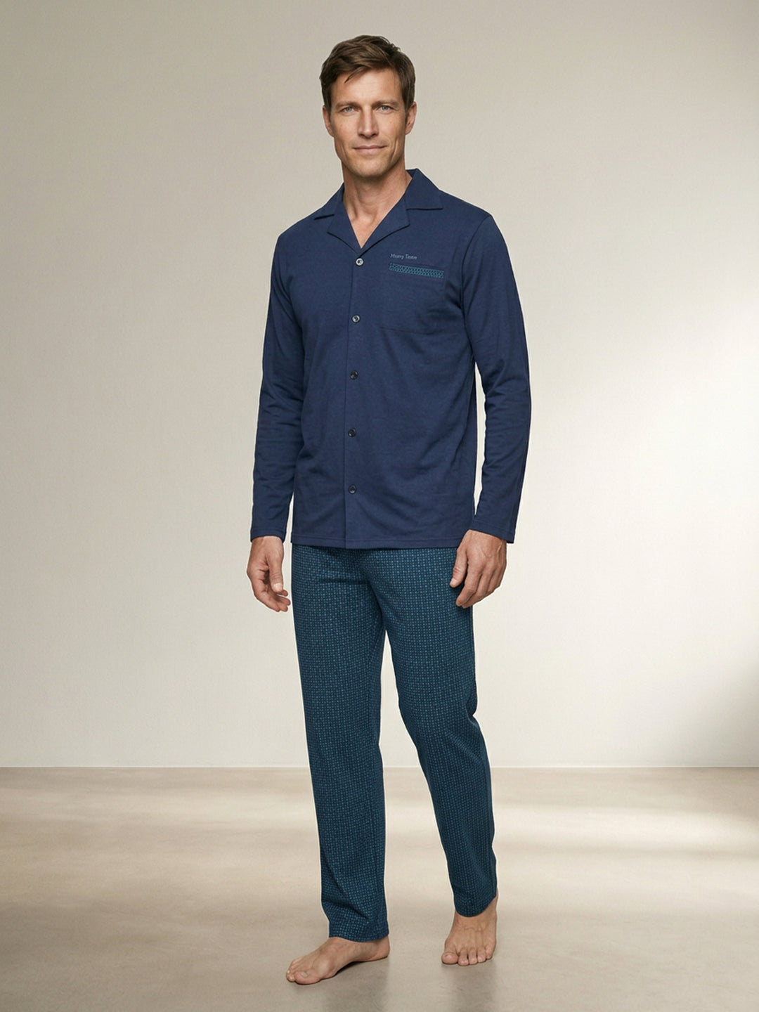 Pyjama Set Langarm - Kent Oberteil uni Hose gemustert