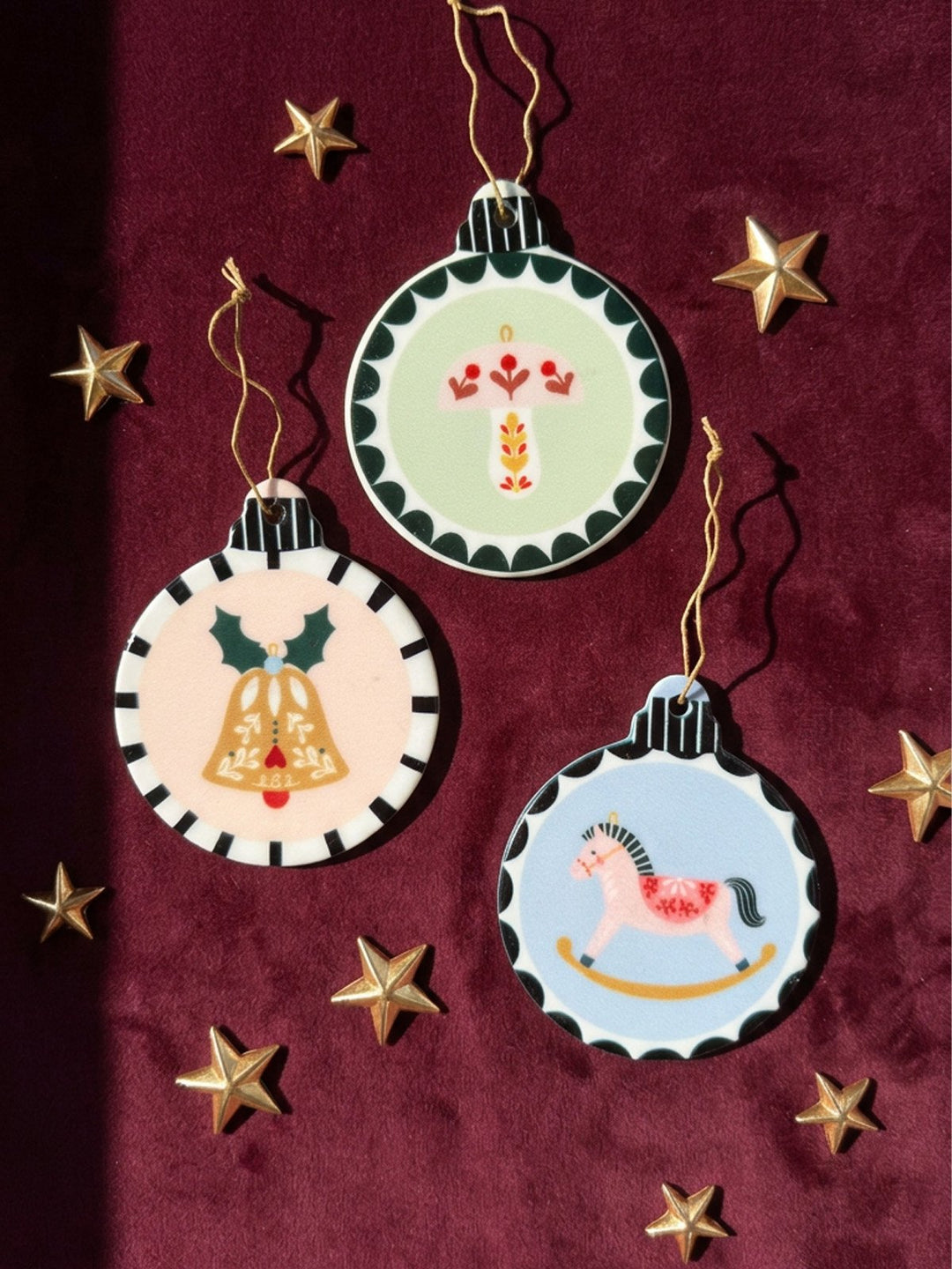Nostalgic Ceramic Christmas Trio – Set of Mushroom, Rocking Horse &amp; Bell